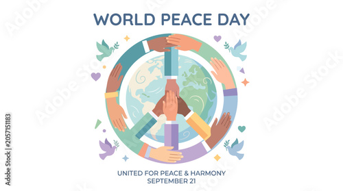 Vibrant illustration of diverse hands joining to form a peace sign around the Earth, symbolizing global unity, harmony, and the spirit of World Peace Day