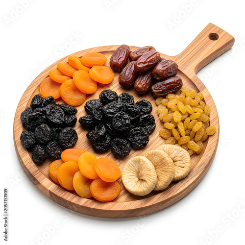 Assorted dried fruits and nuts on wooden board
