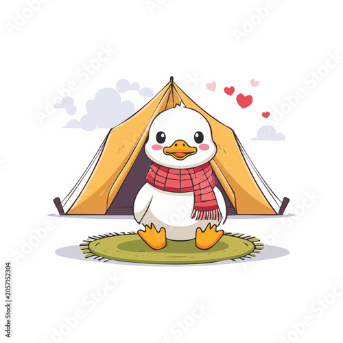 Cartoon penguin in front of house with hearts