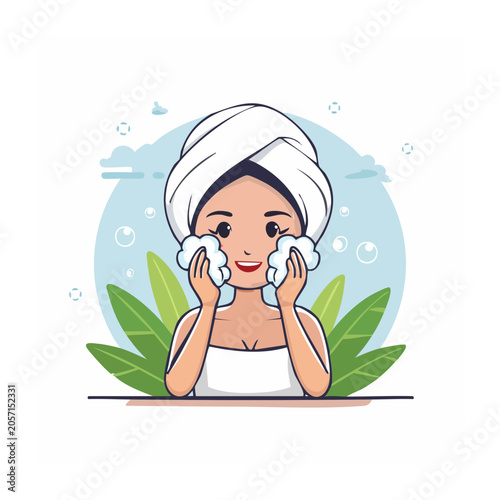 Cartoon woman holding green leaf