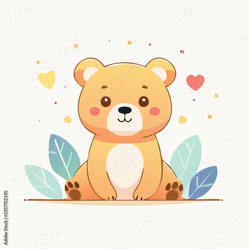Cute cartoon bear illustration with hearts and leaves