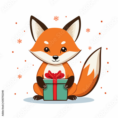 Cute Cartoon Fox Holding a Gift Box with Snowflakes
