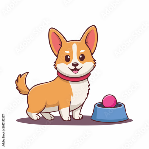 Cute Corgi Dog with Ball in Bowl