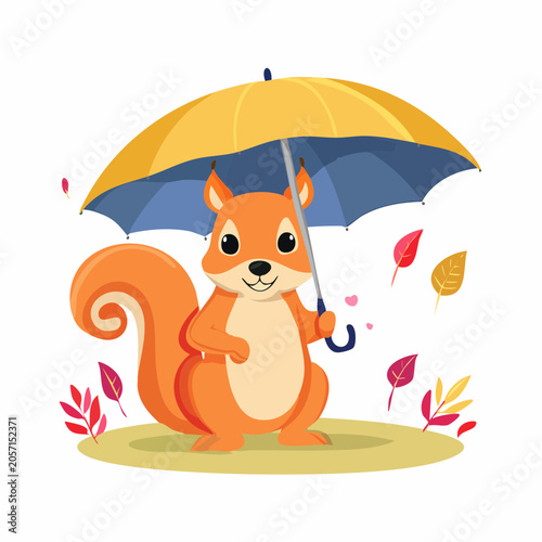 Cute Squirrel Holding Umbrella with Falling Autumn Leaves