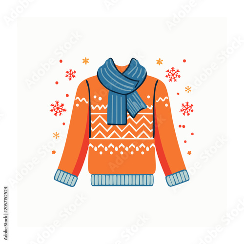 Orange and blue striped sweater with snowflakes