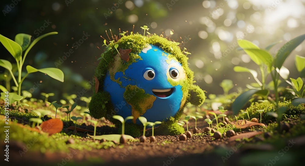 Fototapeta premium Smiling Earth globe character covered in plants. Global environmental conservation and sustainable ecological growth. Happy planet figure standing on soil among fresh green sprouts.