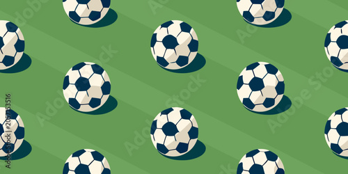 Seamless soccer ball pattern with repeating design on a green background