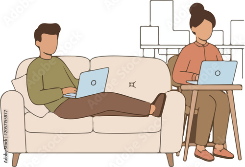 Bilde på lerret Remote Work Lifestyle: A man and woman comfortably working on their laptops from home, one lounging on a sofa and the other at a makeshift desk