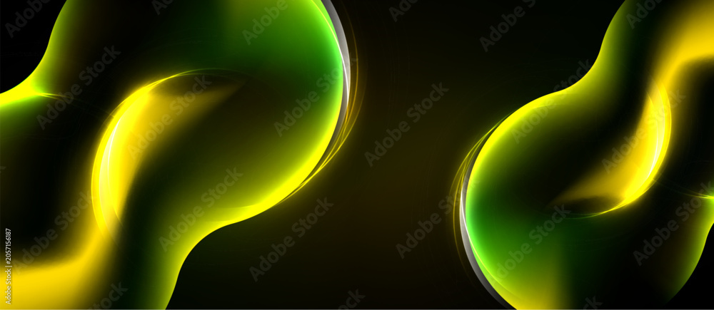 Naklejka premium Abstract shapes, vibrant yellow, green hues dominate black background. Smooth curves create dynamic visual effect. Modern design.