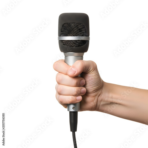 Hand holding black microphone close-up