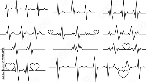 Bild auf Leinwand Heartbeat ECG waveform collection with cardiac pulse lines and heart symbols in