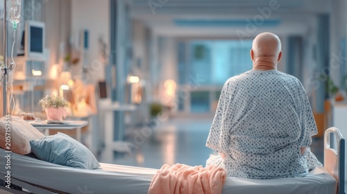 Elderly Man in Hospital Gown Seated on Bed Facing Away in Medical Setting