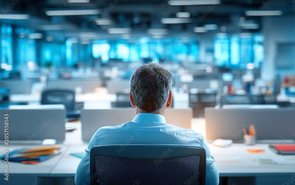 Fototapeta premium Male Worker Sitting Alone in Office Environment from Back View Perspective