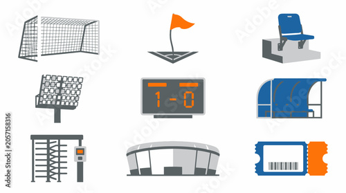 Collection of Professional Soccer Stadium Icons Representing Match Day Equipment and Facilities