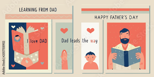 Tablou pe pânză Father s Day Card Set Vector Illustration With Reading And Heart Motifs