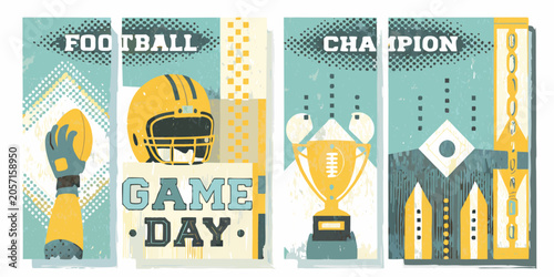 Bild auf Leinwand Football Halftone Pattern With Helmet Ball And Trophy Illustration