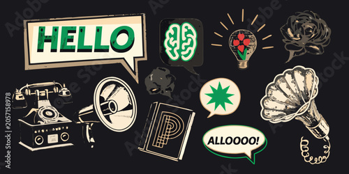 Tableau sur toile Communication Collage Featuring Vintage Telephones And Speech Bubbles Vector Ill