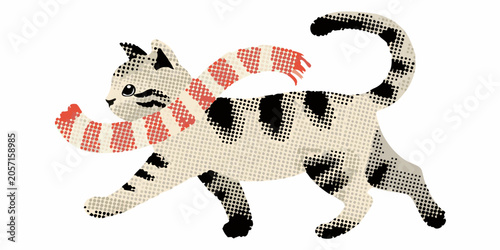 Quadro su tela Halftone cat with candy cane scarf vector illustration on white background
