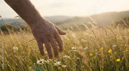 A gentle hand brushes through a sun-drenched meadow, evoking a sense of peace and connection with nature's beauty
