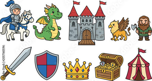 Cute Medieval Fantasy Vector Set with Cartoon Knight on Horse, Dragon, Castle, Griffin, Dwarf, Sword, Shield, Crown, and Treasure Chest for Kids Designs