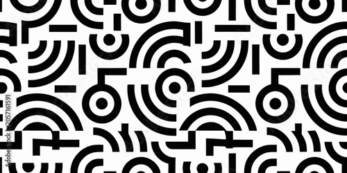 Fotografi Geometric pattern with curved lines and circles black and white vector