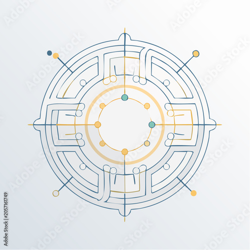 Abstract Circular Diagram with Central Concentric Circles and Connected Dots on Light Background