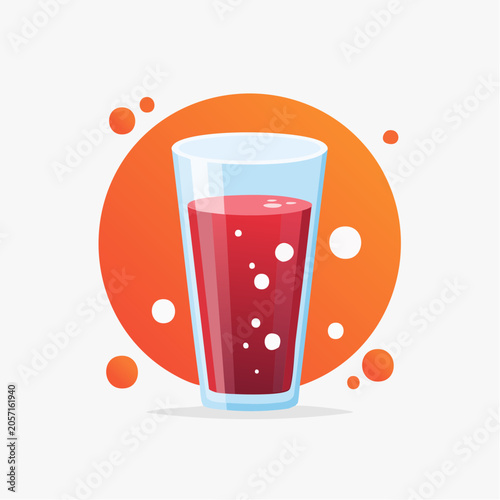 Refreshing red beverage with bubbles in a clear glass on an orange circular background