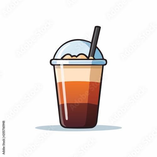 Refreshing layered iced coffee drink in a clear plastic cup with a dome lid and a straw, perfect for summer enjoyment
