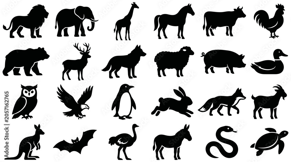 Obraz premium Collection of diverse animal silhouette icons showcasing a variety of species, perfect for graphic design and educational purposes