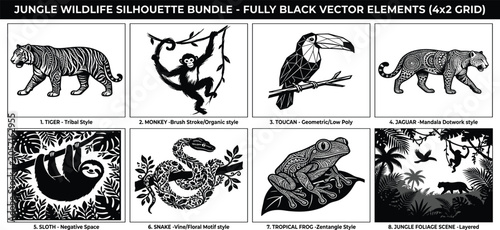 Photography Jungle Wildlife Silhouette Vector Bundle Featuring Tiger Monkey Toucan Jaguar Sl