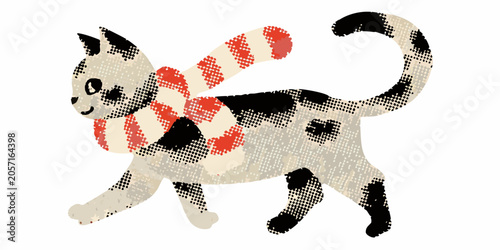 Fotografía Calico Cat Illustration With Halftone Pattern And Candy Cane Scarf