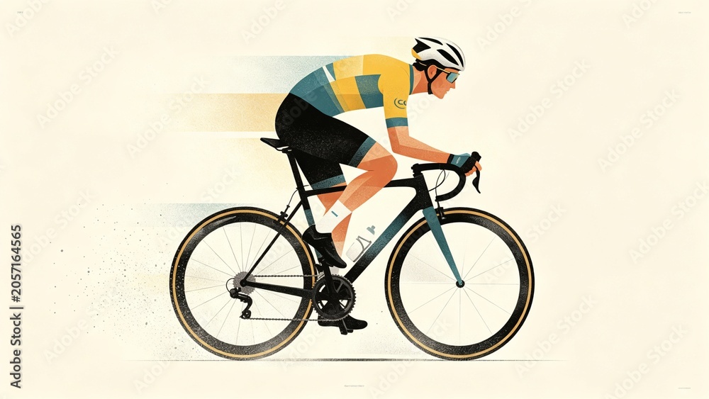 Fototapeta premium Vintage road cyclist in motion on racing bike with abstract green and orange background