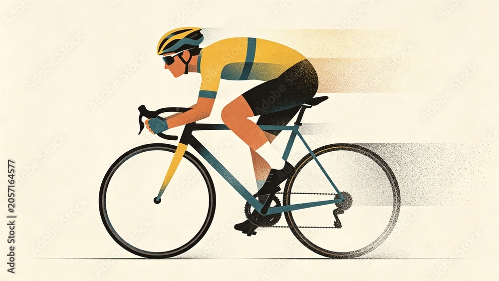 Fototapeta premium Retro cyclist racing bicycle illustration with motion blur and orange green geometric style