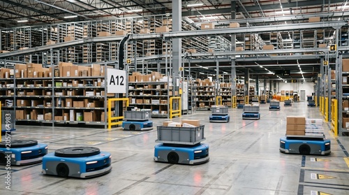 Tableau sur toile Automated guided vehicles transporting goods in modern industrial warehouse faci