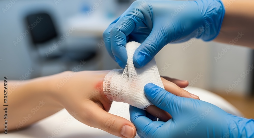 Fototapeta premium Gloved medical hands applying gauze bandage to a red wound. First aid treatment and wound care management. Doctor cleaning and wrapping an injured hand in a clinical setting