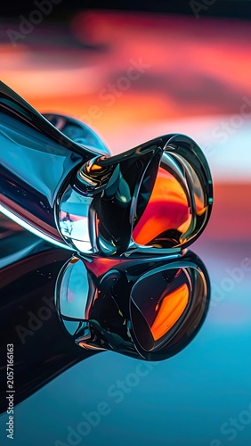 A close-up of a glass bottle on a reflective surface at sunset