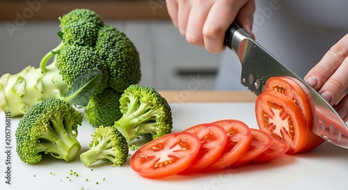 Hands chopping fresh vegetables on cutting board.