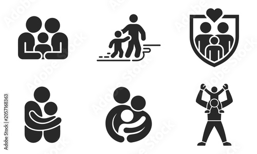 Foto Set of family icons illustrating parental care, love, and togetherness with parents and children in various affectionate poses