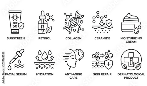 Bilde på lerret Minimal skincare outline icon pack with moisturizer serum and sunscreen symbols
