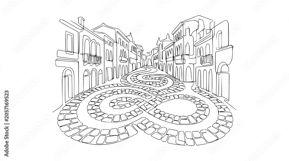 Obraz premium Artistic Sketch of Historic Cobblestone Street with Swirling Pattern and Old Buildings