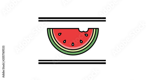 Bitten Slice of Watermelon with Seeds, Fresh Summer Fruit Icon, Minimalist Design
