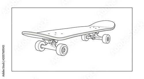 Black and white illustration of a skateboard, isolated on white background