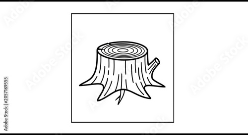Black and White Illustration of a Tree Stump with Visible Rings and Roots