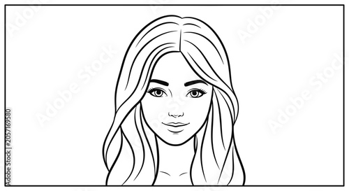 Black and White Line Art Portrait of a Beautiful Woman with Wavy Hair