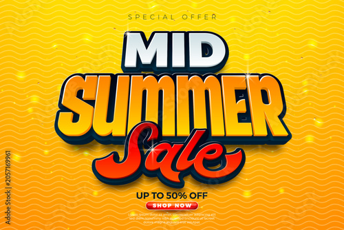 Fotografie Mid Summer Sale Banner Design with 3d Typography Lettering on Yellow Retro Background