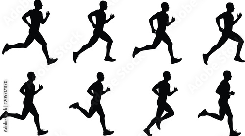 Billede på lærred Silhouettes of human figures in running stride cycle, illustrating athletic moti