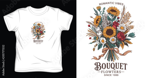 Vintage flowery bouquet illustration with romantic vibes lettering for t shirt design.