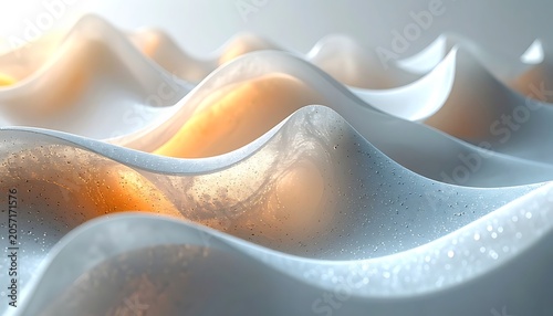 A serene, abstract landscape of undulating waves with golden light