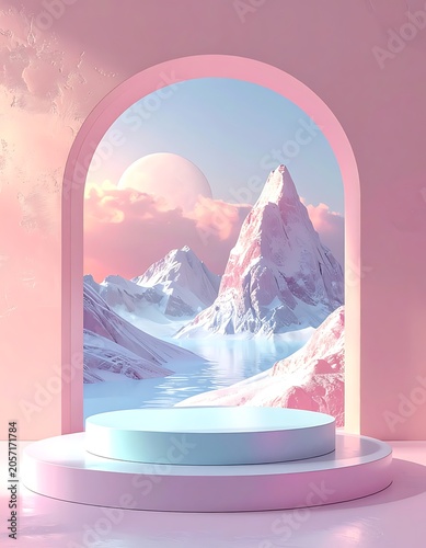 A serene pink-hued landscape with a mountain, moon, and cloudy sky