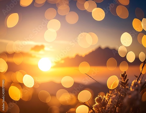 A serene sunset scene with bokeh lights and foliage